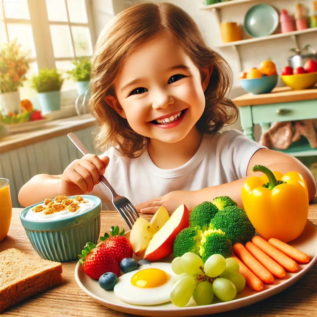DALL·E 2025 01 16 14.11.23 A cheerful and vibrant image of a child enjoying a vegetarian meal at a dining table. The plate in front of the child is filled with healthy vegetaria