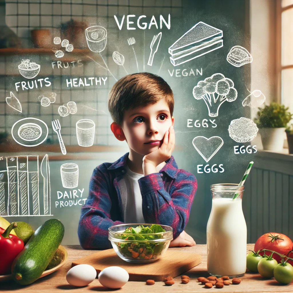 DALL·E 2025 01 16 14.12.59 A conceptual image depicting vegan child deficiency focusing on balanced nutrition. The scene shows a young child at a table with a thoughtful