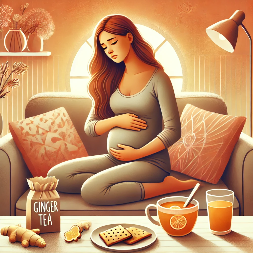 DALL·E 2025 01 18 08.23.43 A visually engaging and educational illustration about morning sickness in pregnancy. The image depicts a pregnant woman in her first trimester sitti