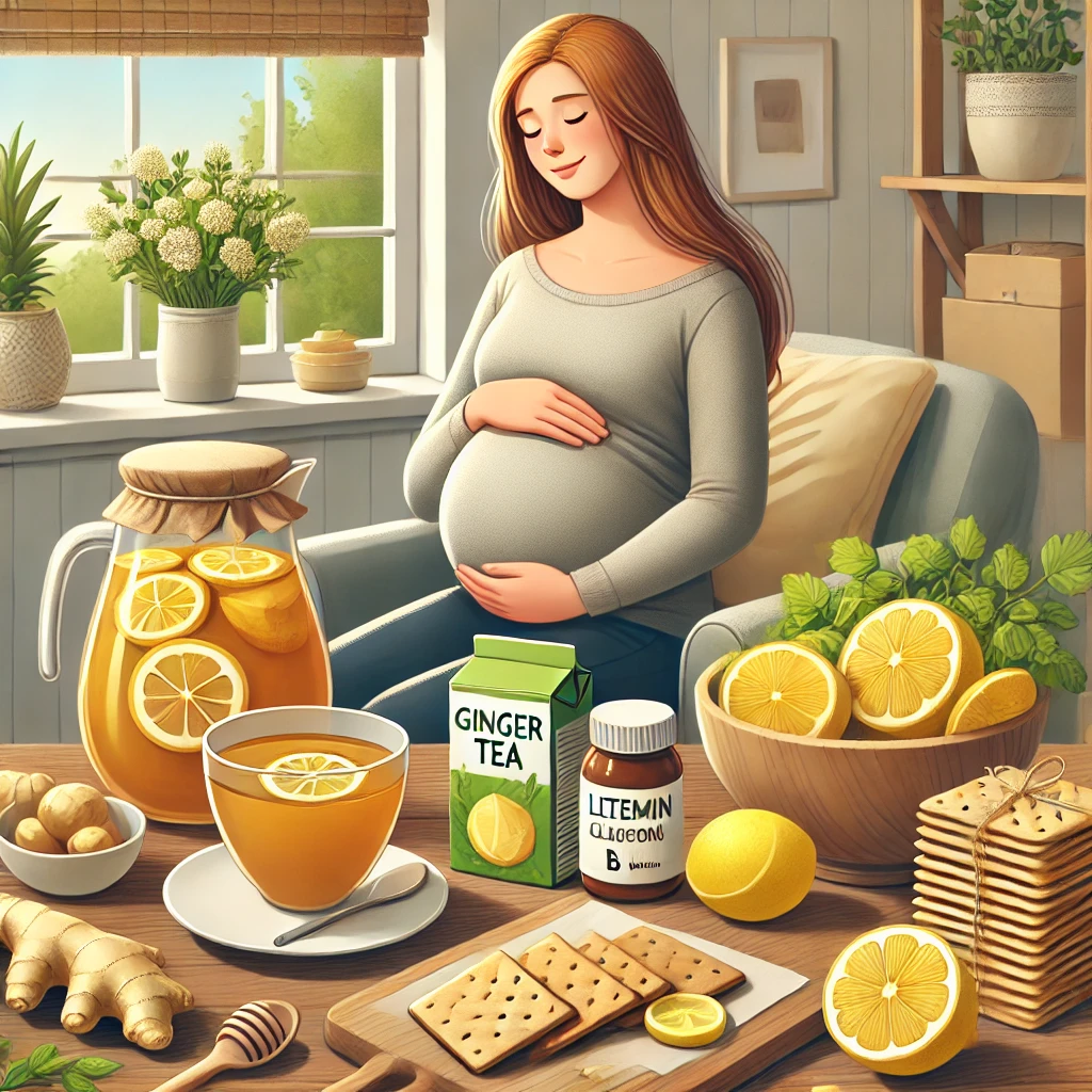 DALL·E 2025 01 18 08.25.51 An educational and comforting illustration depicting natural remedies for curing morning sickness in pregnancy. The image shows a collection of items