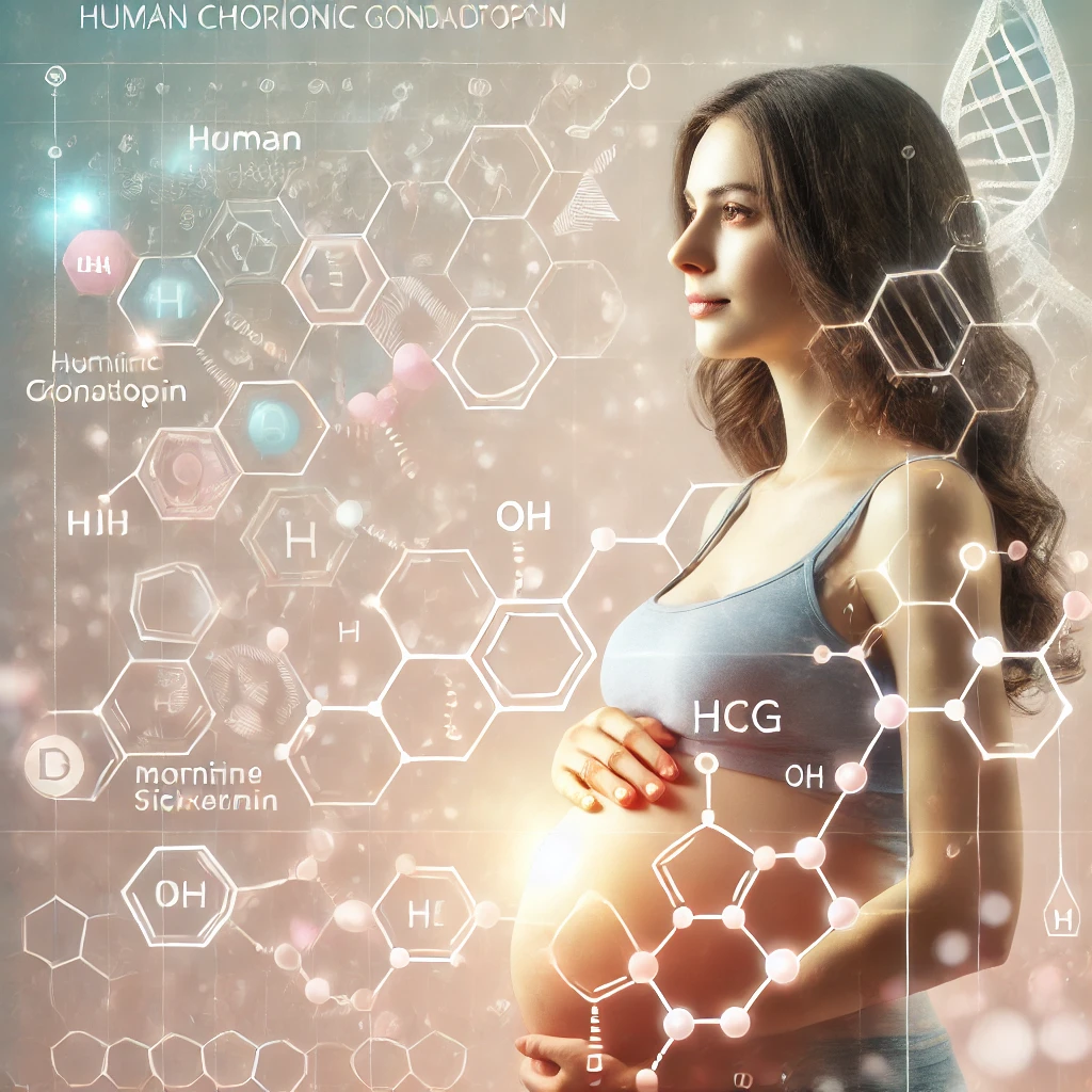DALL·E 2025 01 18 08.32.26 A medical and educational visualization of the hormone human chorionic gonadotropin hCG causing morning sickness during pregnancy. The image feature 1