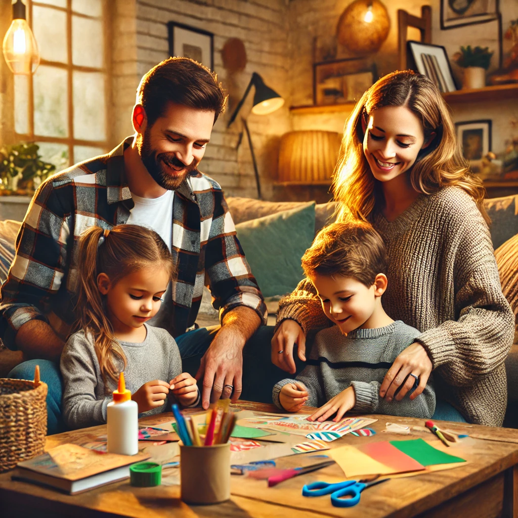 DALL·E 2025 01 19 09.56.14 A heartwarming family scene featuring parents actively engaging with their children in a cozy and inviting home environment. The family is sitting tog