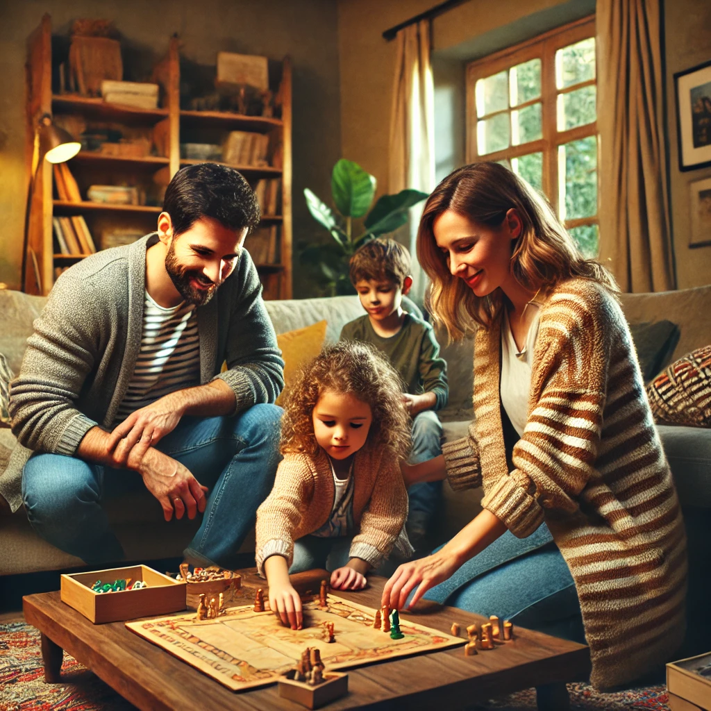 DALL·E 2025 01 19 09.59.30 A lively and warm family scene showing parents and children engaged in a collaborative board game activity. The family is gathered around a wooden cof