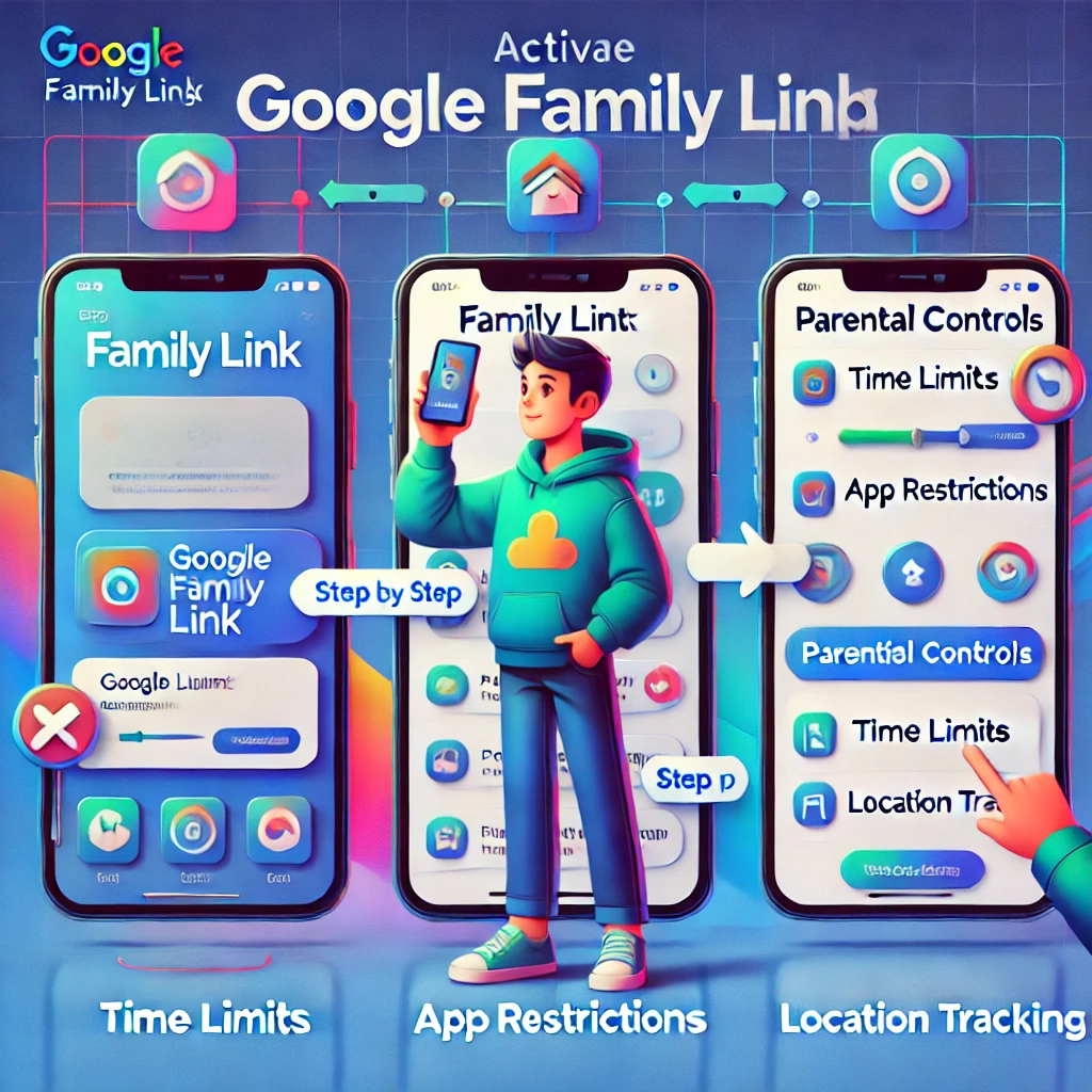 DALL·E 2025 01 19 10.02.48 A step by step guide visual illustration on how to activate Google Family Link parental controls. The image includes a series of screens one showing