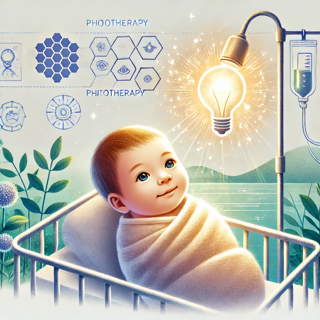 DALL·E 2025 01 20 14.37.49 An illustration depicting signs of recovery from jaundice in a newborn baby. The image features a healthy looking baby with clear skin and bright eyes