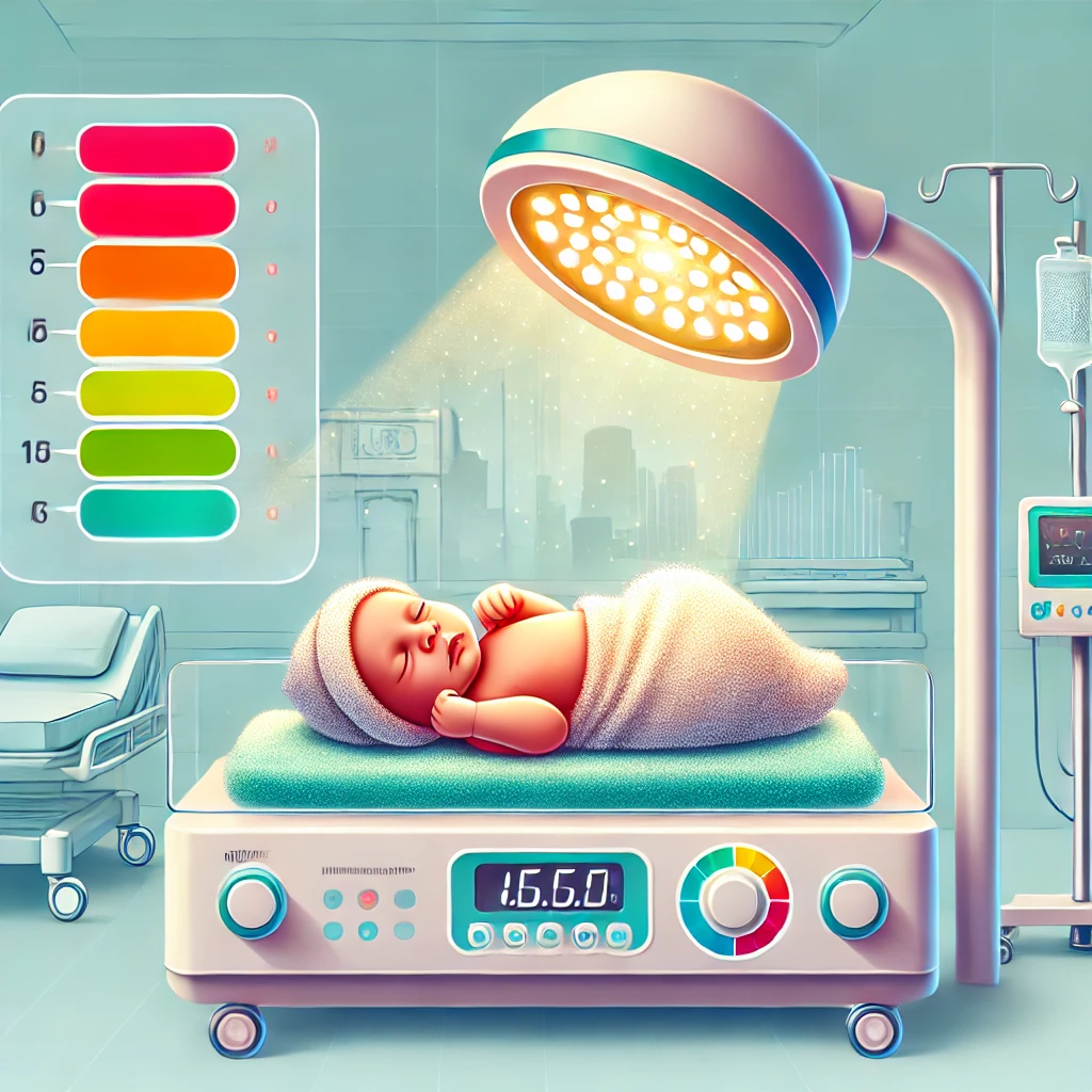 DALL·E 2025 01 20 14.39.36 A medical illustration showing newborn jaundice levels. The image includes a newborn baby lying under a phototherapy light with a color coded chart o