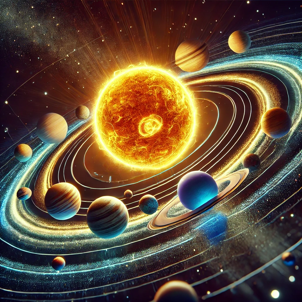 DALL·E 2025 01 21 13.07.12 A 3D model of the Solar System showcasing the Sun at the center with all the planets orbiting it. The planets are distinct with varying sizes and col