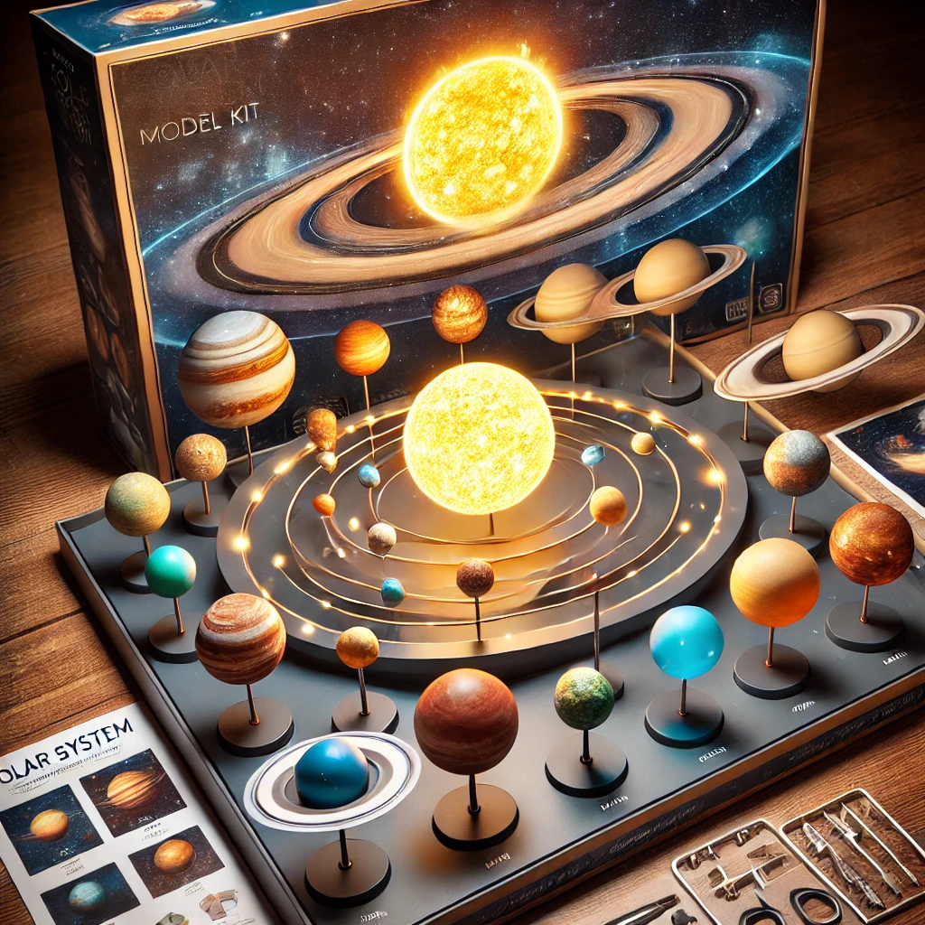 DALL·E 2025 01 21 13.08.50 A detailed and realistic Solar System model kit designed for assembly. The kit includes miniature planets with distinct textures and colors an illumi