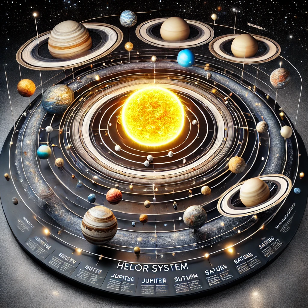 DALL·E 2025 01 21 13.10.18 A scientific and visually stunning heliocentric model of the Solar System featuring the Sun at the center with all the planets orbiting it in concent
